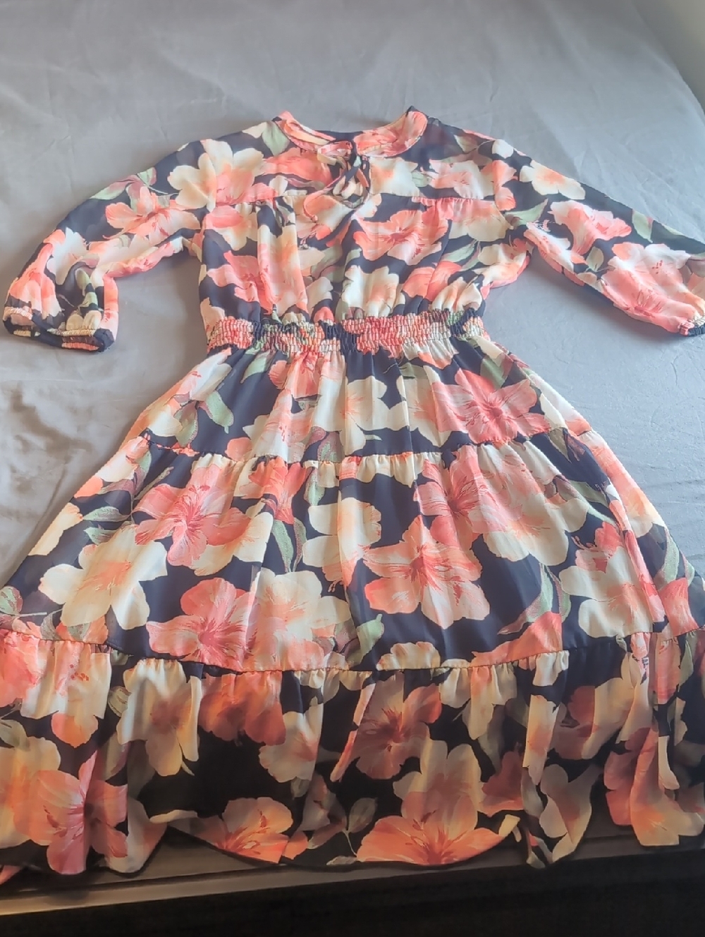 Floral Navy and Coral Tiered Dress